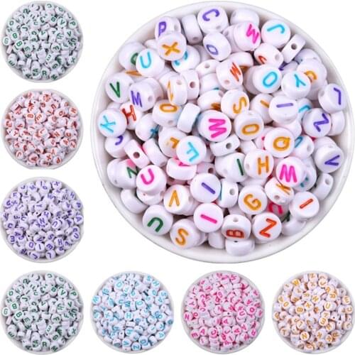 100Pcs Acrylic Spacer Beads Flat Round White With Color Letter Pattern About 7.0mm( 2/8") Dia, Hole: Approx 1.0mm