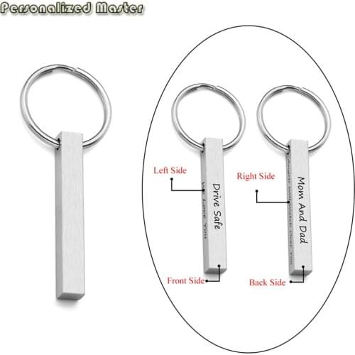 Personalized Master Engrave Message Name Words 4 Sided Vertical Cuboid Matte Bar Pendant Stainless Steel DIY Keychain Key Ring