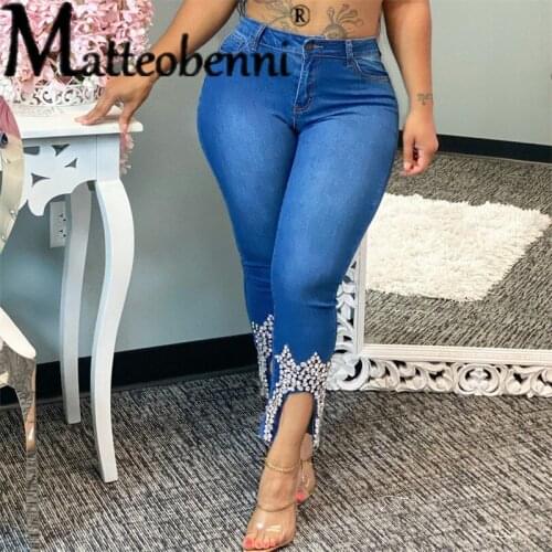 High Waist Beaded Jeans Ladies Spring And Summer Fashion Beaded High Waist Slim-Fit Casual Jeans Street Wear Retro Ladies Jeans