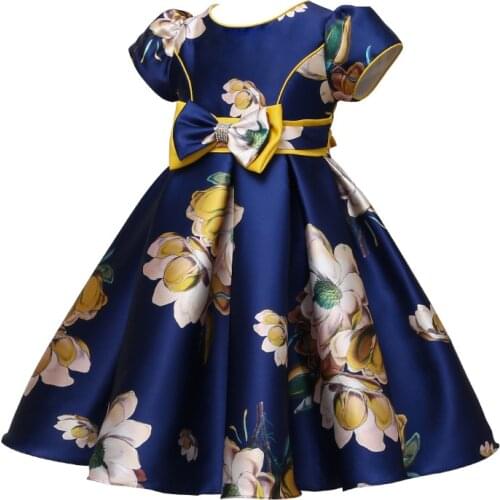 Hetiso Satin Cute Girls Birthday Floral Print Dresses Flower Bow Childrens Clothing Casual Princess Party Clothes 3-10T