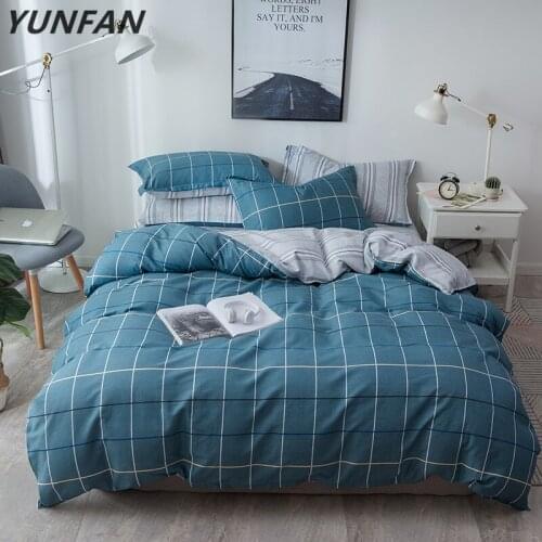 100%Cotton Bedding Set (Sheet Pillowcase Duvet Cover) Line Plaid Printed Bedlinens Single Double Queen Full King size bedclothes