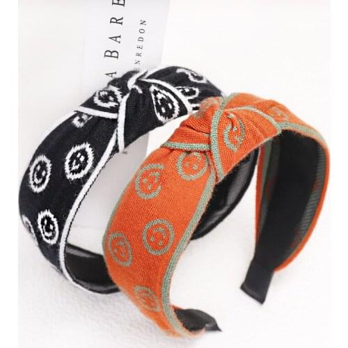 Korean simple smiley printin simple women knitted headhoop Fashion contrast color girl hair accessories Dress up Solid head Hoop