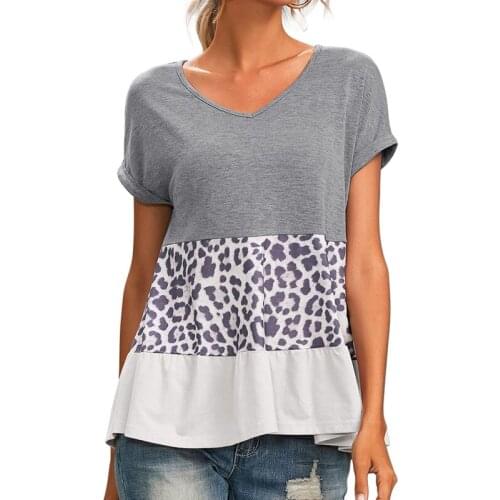 Fashion Vintage Patchwork Peplum T Shirt Women Short Sleeve Slim Tops V Neck Sweet Cute Tops