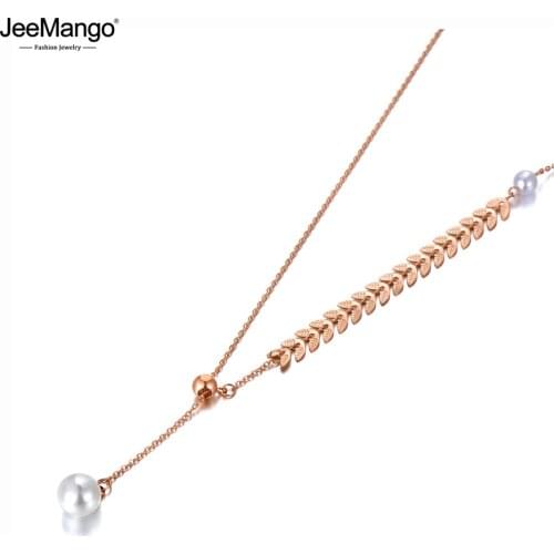 JeeMango Trendy Bohemia Stainless Steel White Pearl Choker Necklaces For Women Girls Chic Leaflet Charm Pendant Necklace JN20097