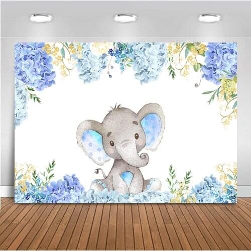 Neoback Elephant newborn baby shower party backdrop for photography blue flower background for photo booth Studio Banner 484