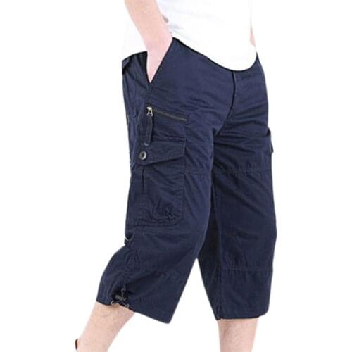 Plus Size Men Shorts Zipper Closure Capri Shorts Elastic Waist Casual Multi Pockets High Waist Straight Cargo Shorts Streetwear