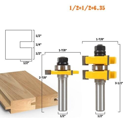 2pcs 1/4" 1/2" Shank 3 Blades T Type Tongue Groove Router Bit Set Woodworking Mortise Knife Tenon Solid Carbide End Mill Cutter