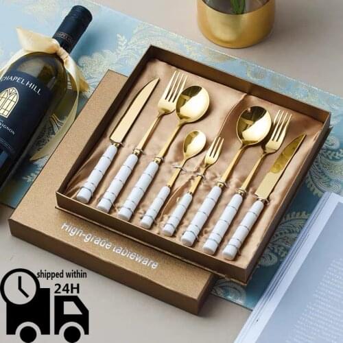 White Gold Cutlery Set Stainless Steel Dinnerware Ceramic Handle Tableware Dinner Spoon Fork Knife Chopsticks Dropshipping