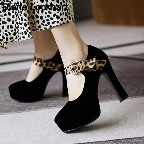 Designer New Female High Heels Flock Mary Jane Pumps Platform Shoes Party Super High Heels Spring Autumn Leopard Shoes Women