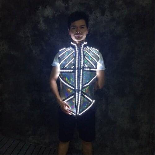 P72 Singer dance stage wear led costumes luminous light dress robot men suit dj mirror clothe club show glowing jacket bar vest