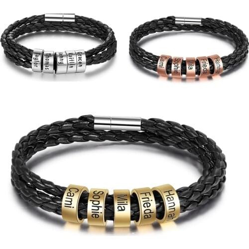 Personalized Men Black Braid Rope Leather Bracelet Custom Made with 5 Beads Engraved Name ID Bracelets for Boyfriend Dad Grandpa