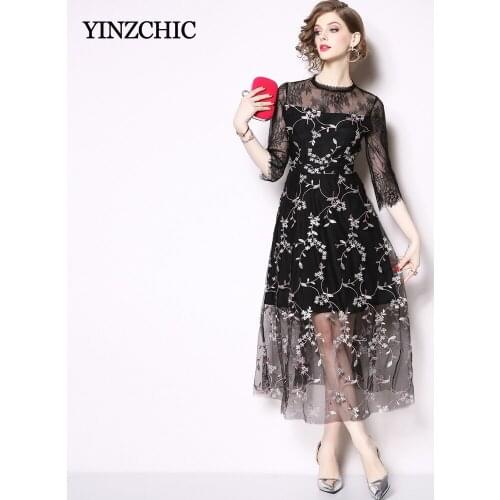 Floral Embroidery Dress Woman Spring New Female Laces Dress O-neck OL Elegant A-line Party Dresses Slim Lace Dress Summer