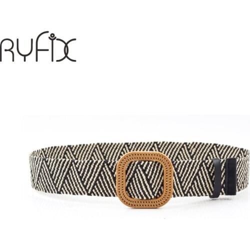 Female Summer Dress Jeans Wide Black PP Straw Designer Wood Buckle Boho Belts Women Bohemian Elastic Braided Belt BL596