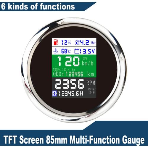 85mm GPS Speedometer Tachometer 9-32V Fuel Level Water Temp Oil Pressure 0~10Bar 6 in 1 Multi-functional Digital Gauge Alarm