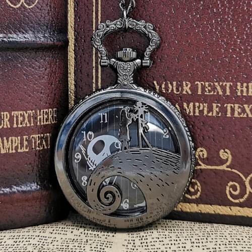 Vintage Christmas Theme Quartz Pocket Watch Jack and Sally Design Necklace Mens Womens Xmas Gift