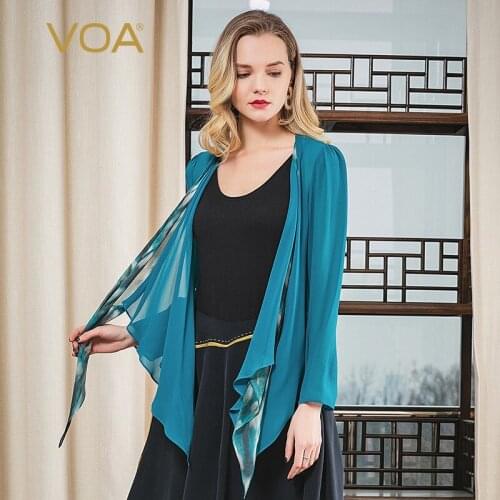 VOA Silk 12m/m Blue Georgette Ruffled Collar Long-Sleeved Printed Mix Material Stitching Light Fashionable Cardigan W661