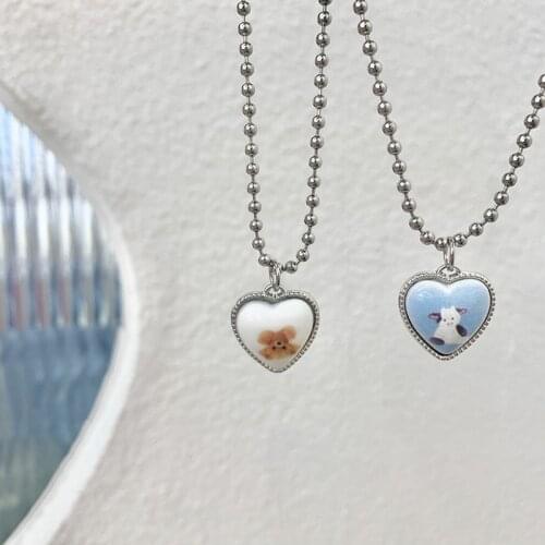 VSnow Harajuku Japanese Love Heart Pendant Necklace for Women Blue White Bear Bunny Round Bead Chain Metallic Necklace Jewellery