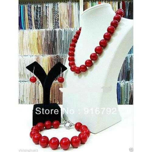 Free shipping >>>>>Real natural 14MM red shell pearl necklace (18 ") , bracelet (7.5 ") , earrings