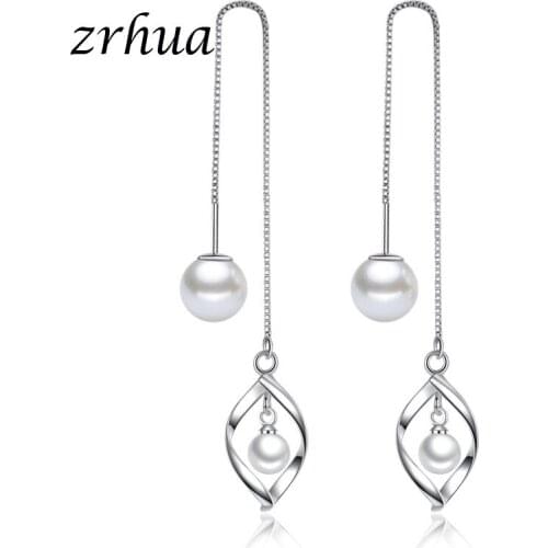 ZRHUA New 925 Silver Double Pearl Earrings for Women Hollow Out Tear Shape Design Pendant Long Ear Line Tassel Earring Bijoux