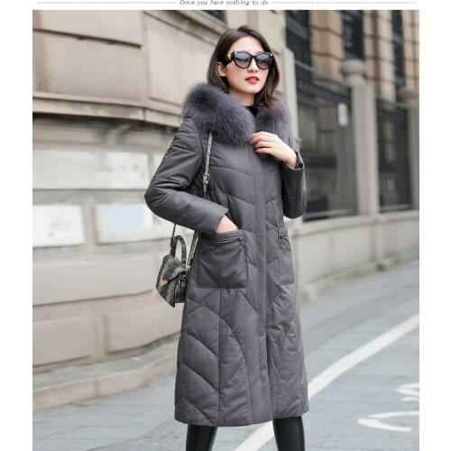 2020 Winter Genuine Jacket Women Long Sheepskin Fox Fur Hooded Down Coat Womens Leather Jackets ZM-211 KJ3752