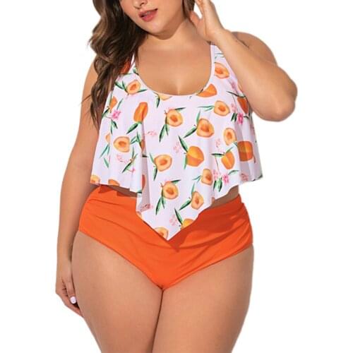 Women Bathing Suit Peach Print Ruffle Top with Chest Pad High Waist Trunks Two-piece Set Plus Size Swim Wear Ladies Bikini Set