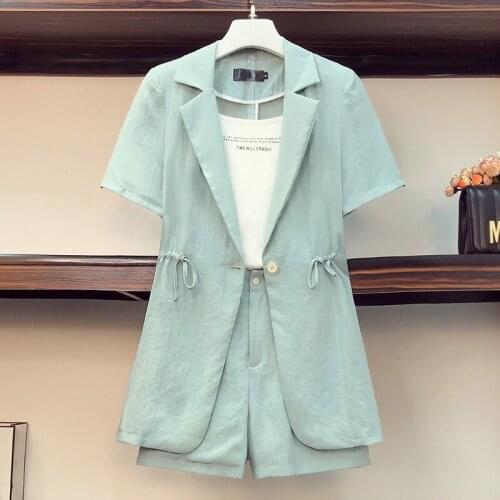 Office Lady Women Cotton Linen Blazer Shorts Suit Set Half Sleeve Jacket Coat+high Waist Pocket Mini Pant Suits Female Tracksuit
