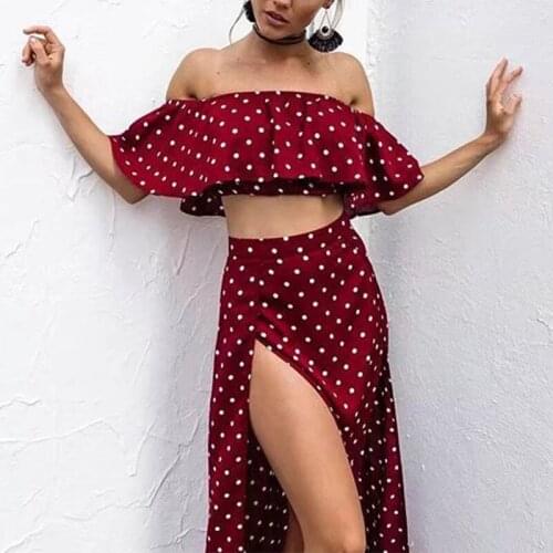 Women Off Shoulder Red Split Long Dress Vintage Dot Summer Maxi Dresses High Waist Ruffle Fashion Sexy Beach Clothes Vestidos