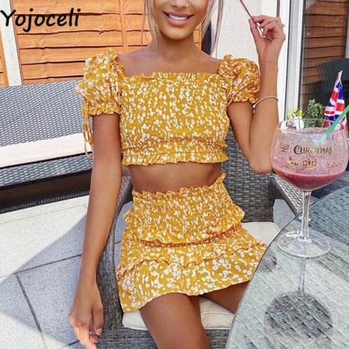 Yojoceli Elegant ruffle bodycon women dress 2 pieces set Summer short sexy print dress Beach chiffon casual dress vestidos