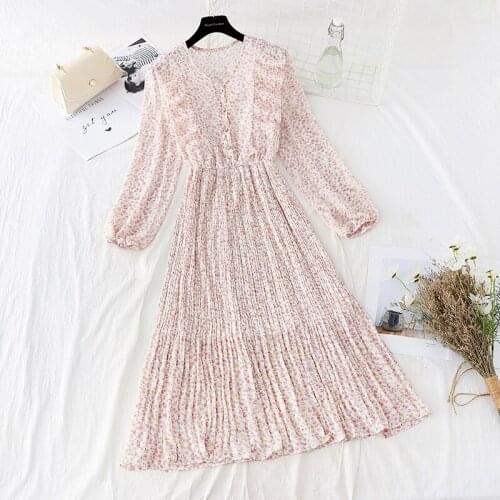 2021 Women Spring Ruffle Floral Chiffon Dress Elegant Long Sleeve Casual A-line Vestidos Elastic Waist Pleated Midi Dress