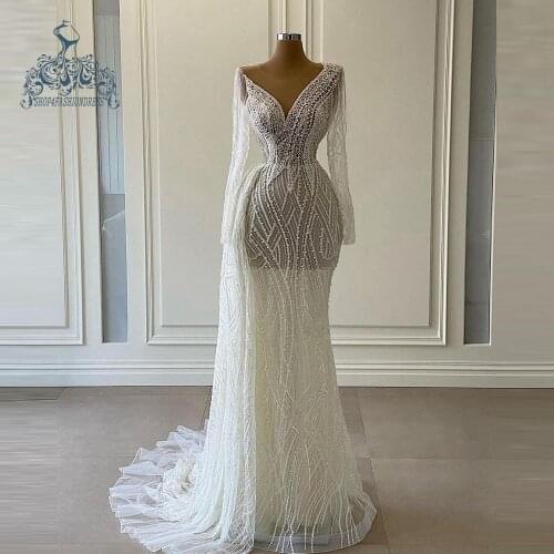 Luxury Bling White Beaded Pearl Mermaid Prom Dresses Sexy See Thru Long Prom Gowns Dubai Formal Dress Robe De Soiree Abendkleid