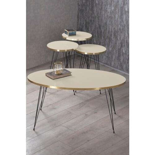 Zigon Coffee Table And Coffee Table in the Middle Ellipse Set Black Wire Foot Gold Cream