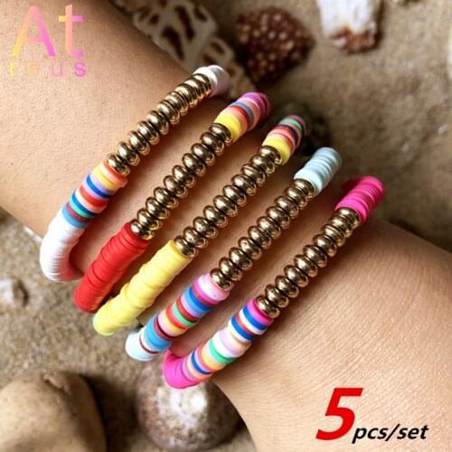 1-5pcs Bohemian Polymer clay Bracelet Set for Women Gold Bead Bracelet 2021 New Waterproof Swim Fashion Jewelry Pearl Seed Bead