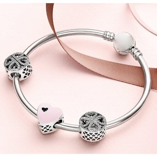2019 NEW 100% 925 Sterling Silver 1:1 SWEET LOVE HEART CHARM Petals of Love Four-leaf Clover Beaded Bracelet Bangle Gift Set