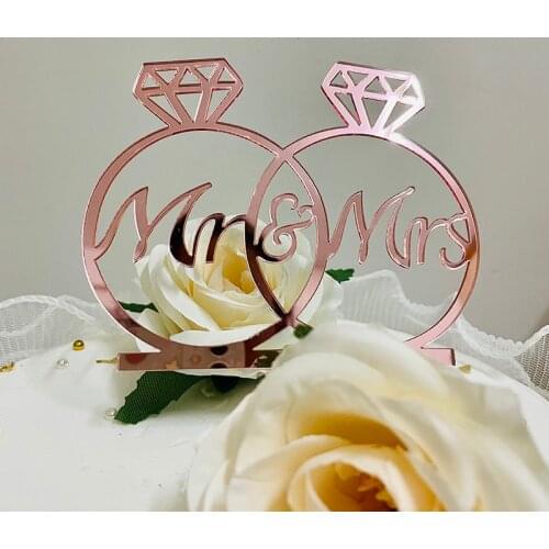 Wedding Acrylic Cake Topper Rose Gold "Mr&Mrs" Ring Birthday Cake Topper for Valentines Day Confession Cake Decoration Supplies