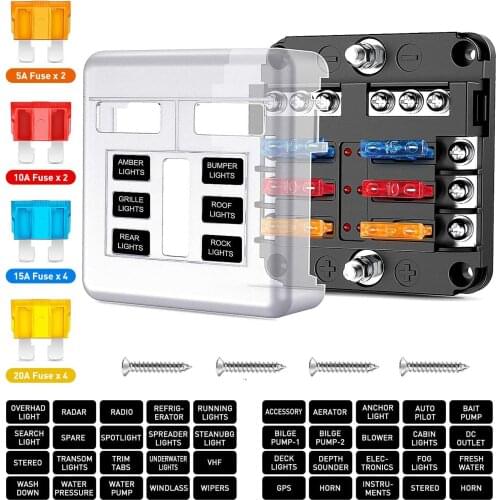 12/6 Way Blade Fuse Block 6/12 Circuits with Negative Bus Fuse Box Holder with LED Indicator ATO/ATC Fuse Panel Waterproof Cover