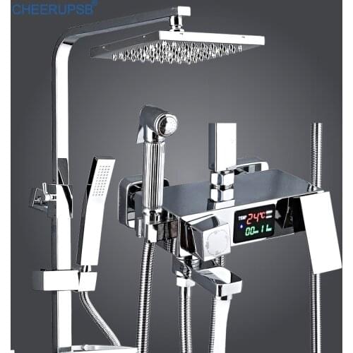 Digital Shower System Bathroom Smart Thermostatic Shower Set Wall Mount LED Bath Faucet Hot Cold Chrome Full Kit Rain Fall Taps