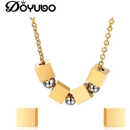 DOYUBO Trendy Gold Color Stainless Steel Jewelry Sets For Women Squre & Round Charms Pendant Necklace & Earrings Jewelry DG015