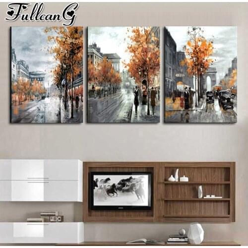 FULLCANG 5d diy diamond embroidery autumn street scenery diamond painting triptych full square round drill home decor FC1992