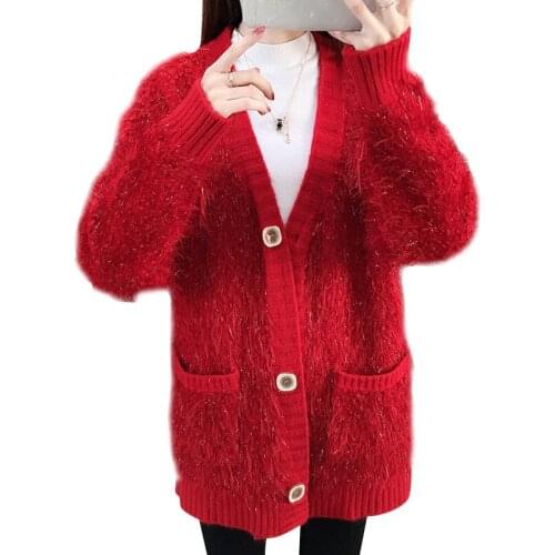 Women Cardigans Jacket Harajuku Loose V-neck Knit Sweater Tops Female Winter Thick Warm Bright Silk Women Sweater Cardigans 2153