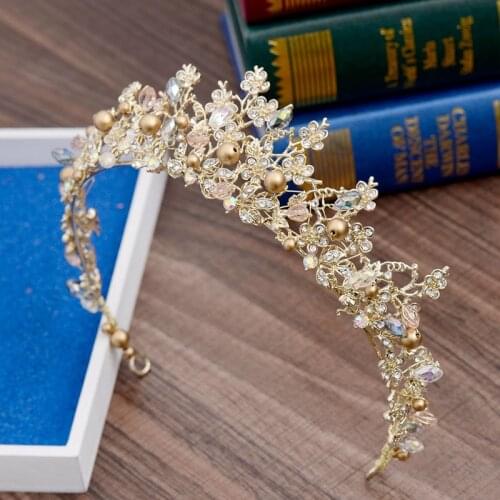 Brides Hair Jewelry Baroque Handmade Beaded Luxury Pink Gold Crowns Crystal Tiara Sweet Princess Tiaras Wedding Hair Accessories