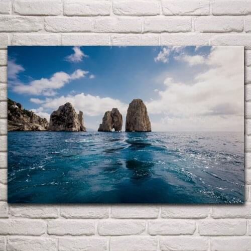Beautiful nature rocks clear sea clouds horizon ripples cliff scenery living room home art decor wood frame fabric poster KP187