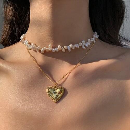 Brass With 18K Retro Natural Pearl Heart Necklace Women Jewelry Runway Party Gown Japan Korean