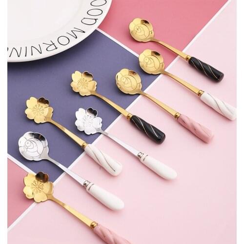 Tea Coffee Mixing Spoon Stainless Steel Spoon With Ceramic Handle Flower Shape Dessert Spoon Kitchen Tableware Ceramic Handle