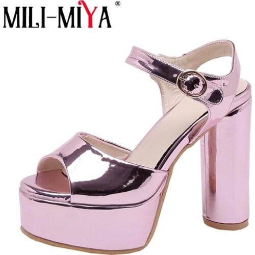 MILI-MIYA Summer Women Patent Leather Chunky Heel Platform Sandals Sexy Peep Toe Buckle Strap Party Wedding Shoes Gold Silver