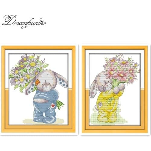 Needlework DIY DMC Cross Stitch Sets For Embroidery Kits Rabbit Present a Bouquet Counted Cross-Stitching 18ct 14ct 11ct plus