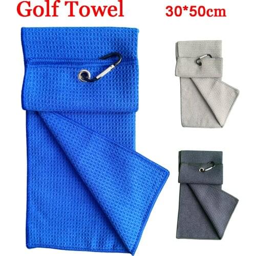 1pc Golf towel 12"*20" with Hook Hand Soft Towels 3 colors blue black grey Microfiber Fabric Waffle Pattern 30*50cm Half fold