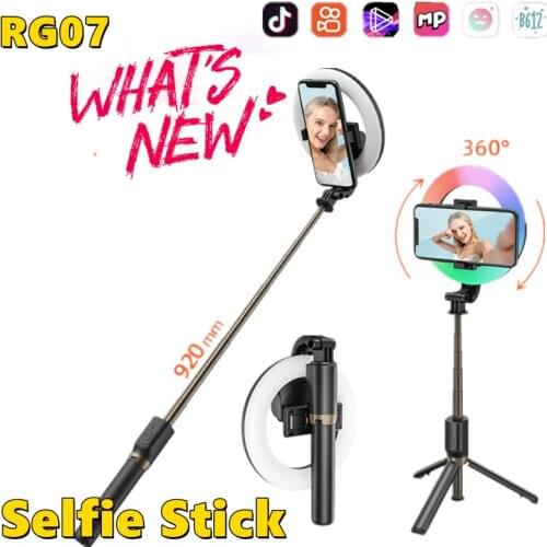 RG07 Portable Wireless Bluetooth Selfie Stick With RGB Ring Fill Light Tripod Remote For iPhone For Xiao Mi Handphone Live Vlog