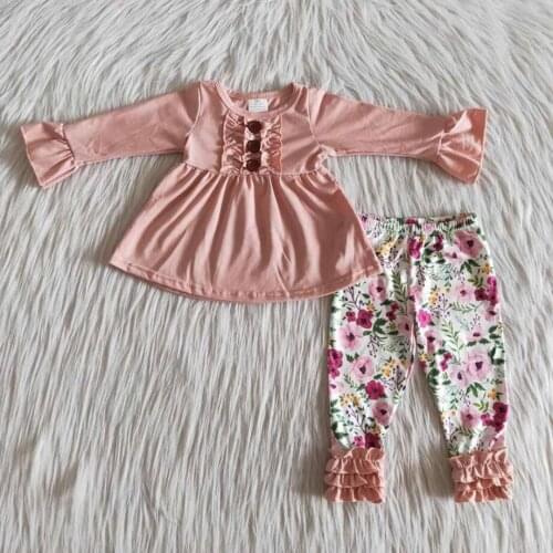 RTS kids clothes pink color ruffle tunic dress icing floral legging baby girls boutique outfits clothing sets 2pcs fall spring