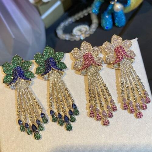 Colorful Flowers Tassel Earring Fashion Luxurious Green Cubic Zircon For Women Europe And America Lady Jewelry Accessories