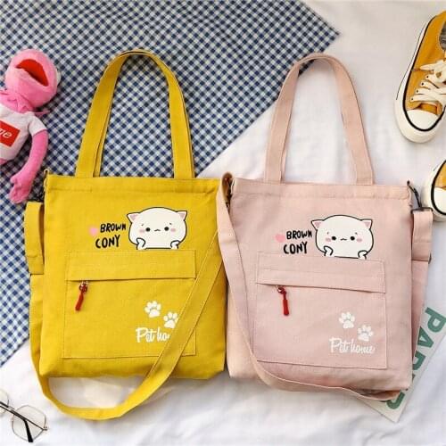 Cute Women Corduroy Zipper Shoulder Bag Cotton Canvas Handbag Casual Tote Female Crossbody Bag Ladies Cartoom Messenger Bags